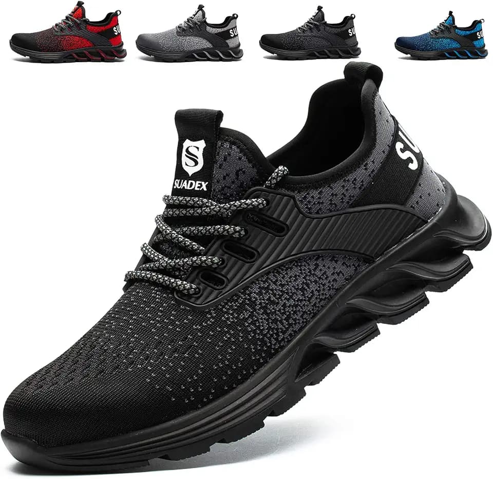 SUADEX Steel Toe Sneakers for Men Women Indestructible Work Shoes Lightweight Comfortable Safety Sneakers Slip-Resistant Composite Toe Shoes for Construction Black