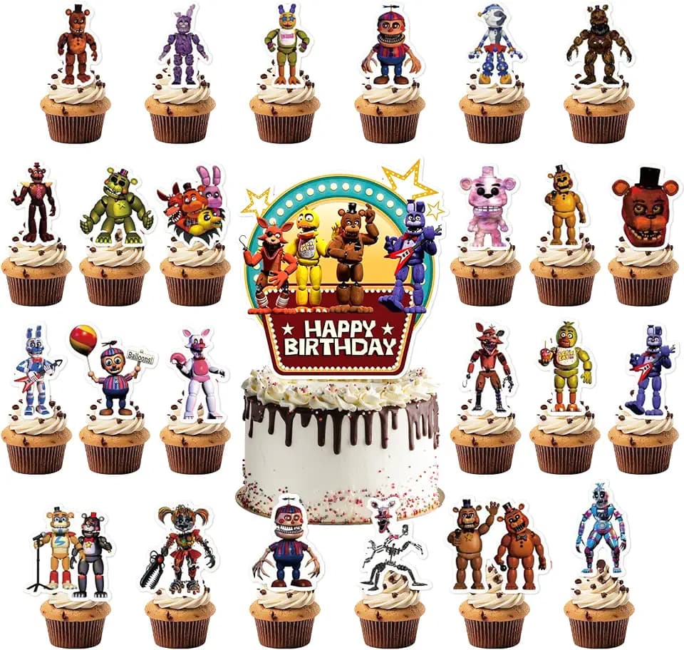 49pcs Freddy's Birthday Party Cake Decoration,Freddy's Party Set include 1pc big Cake Topper and 48pcs Cupcake Toppers for Freddy's Theme Birthday Party Decor