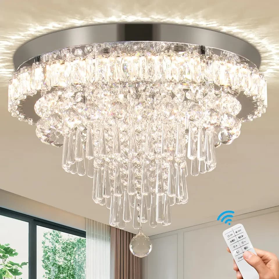 CLAIRDAI Dimmable Crystal Flush Mount Chandelier, Remote Control