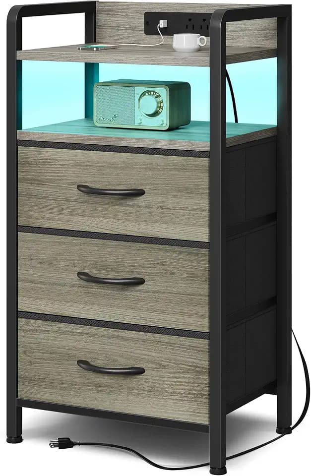 Lazzanto Nightstand with Rear Charging Station, LED Light, 3 Drawers, Grey