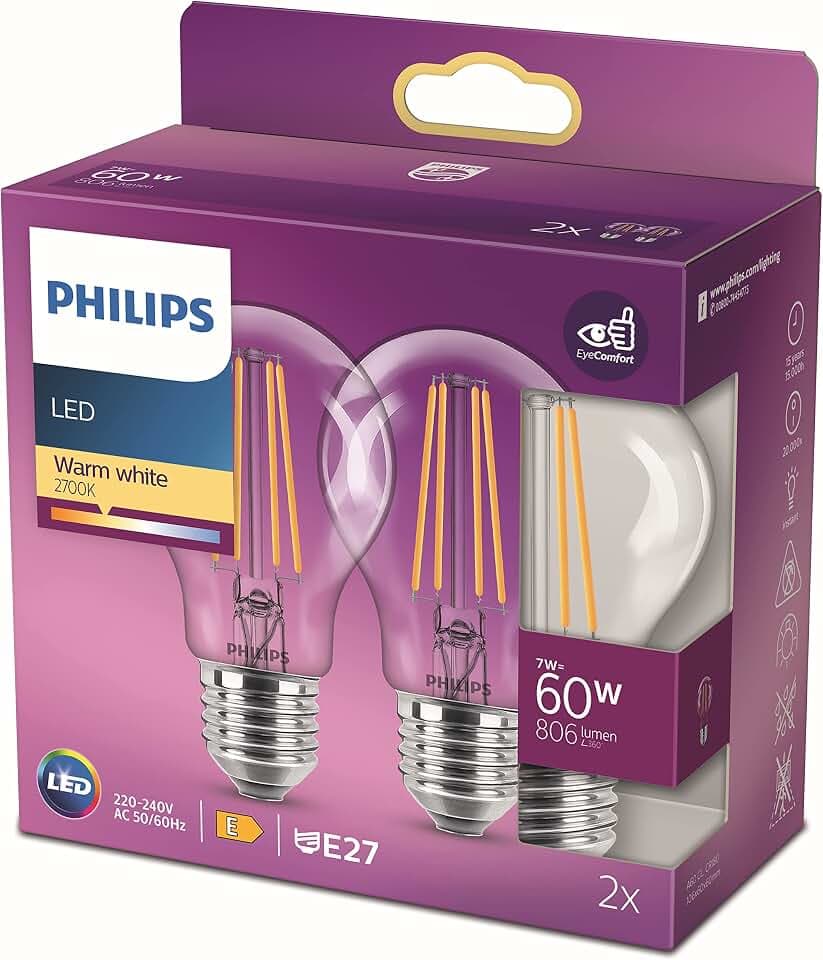 Philips LED Classic E27 Lampe, 60 W, Tropfenform, A60, klar, warmweiß