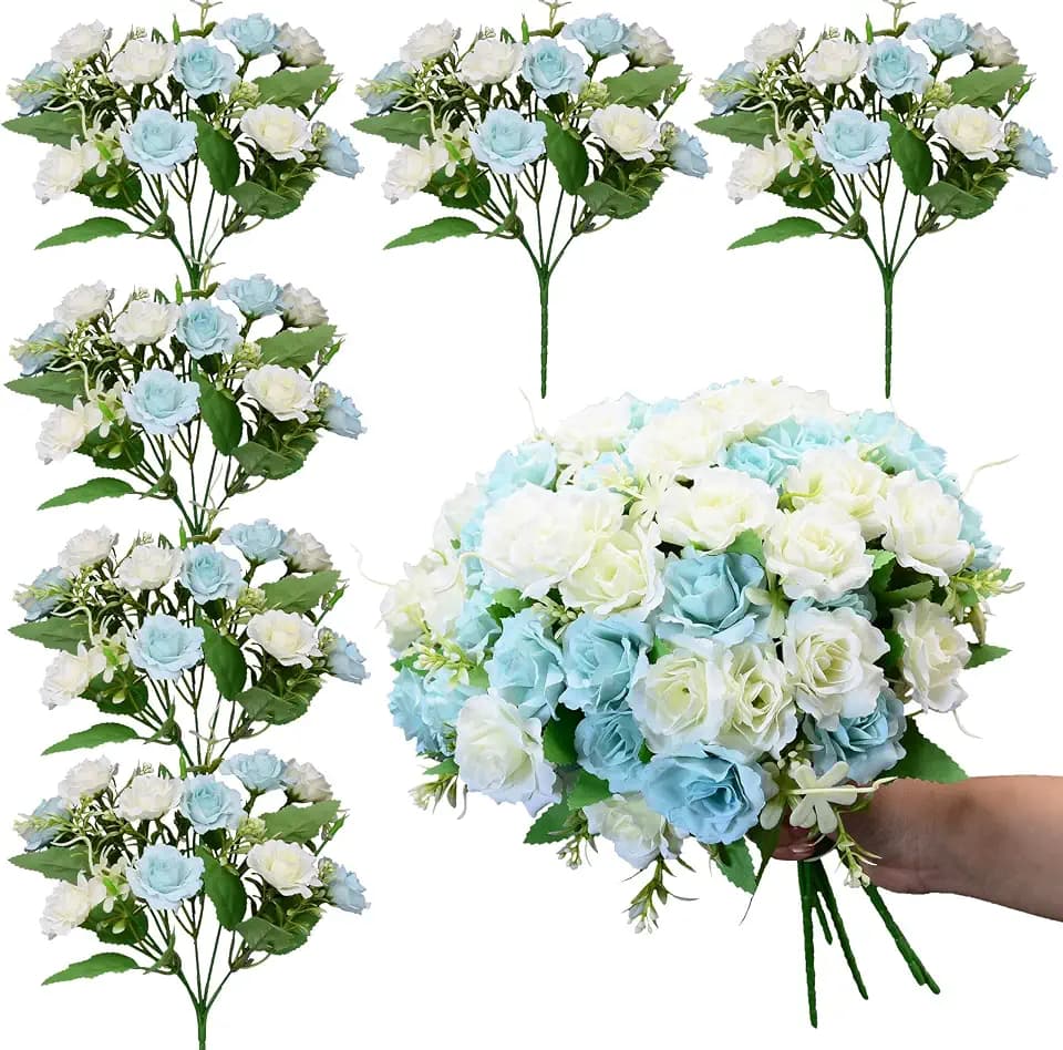 Rose Artificial Flowers Bouquet, 6 Packs Small Roses Flower, 10 Silk Rose Flowers Per Pack, Mini Fake Rose Flower Bunches, Miniature Roses for Decoration Home Wedding Table Centerpieces Decor, Blue​