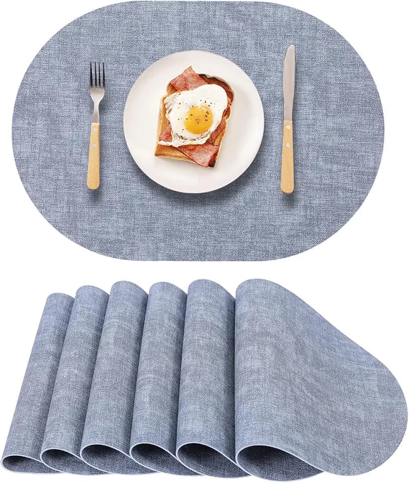 Oval Placemats Set of 6 Reversible,Blue Faux Leather