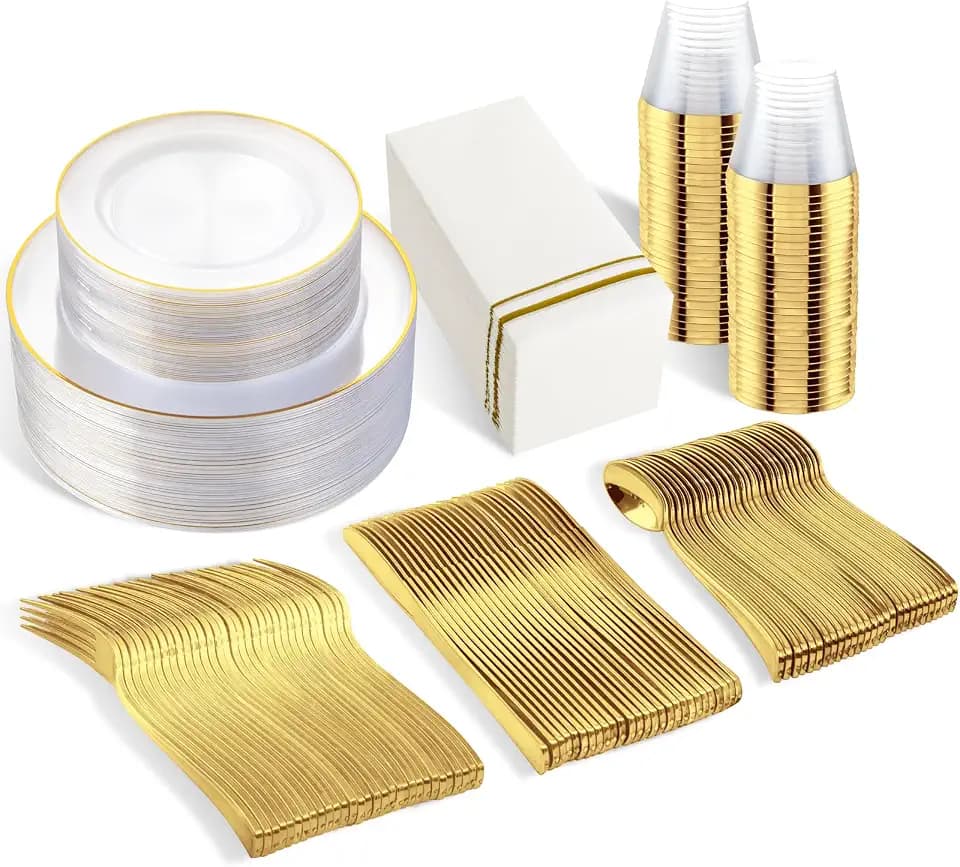 SUT 350Pcs Plastic Dinnerware Set for 50 Guests, Clear and Gold Plastic Plates, Disposable Plates and Napkins Party Supplies, Gold Silverware, Plates, Cups and Napkins Sets for Party Weddings