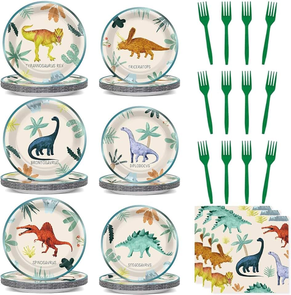 96PCS Dinosaur Birthday Paper Plates Napkins and Forks for Kids Watercolor Dino Party Disposable Supplies Dinosaur Themed Tableware Set for Baby Shower Dino Theme Summer Party Dinnerware Decorations