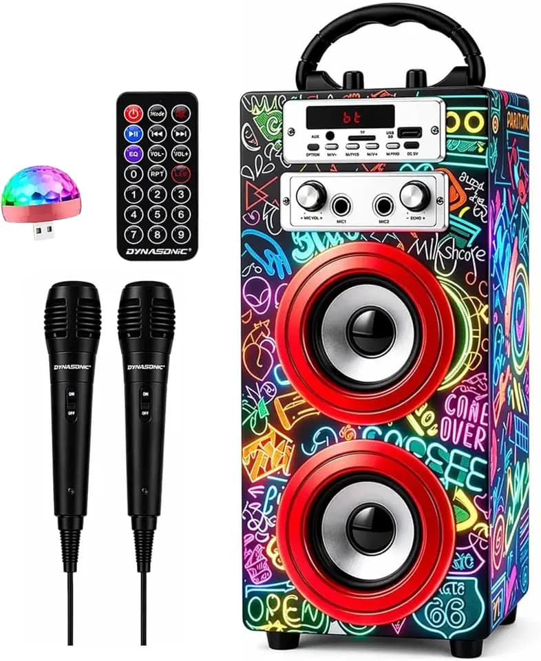 DYNASONIC Karaoke mit 2 Mikrofonen, tragbarer Karaoke-Maschine, Bluetooth-Lautsprecher, USB- und SD-Kartenleser, Lichter, Geschenk für Kinder von 5 bis 13 Jahren (Model 21 Lights)