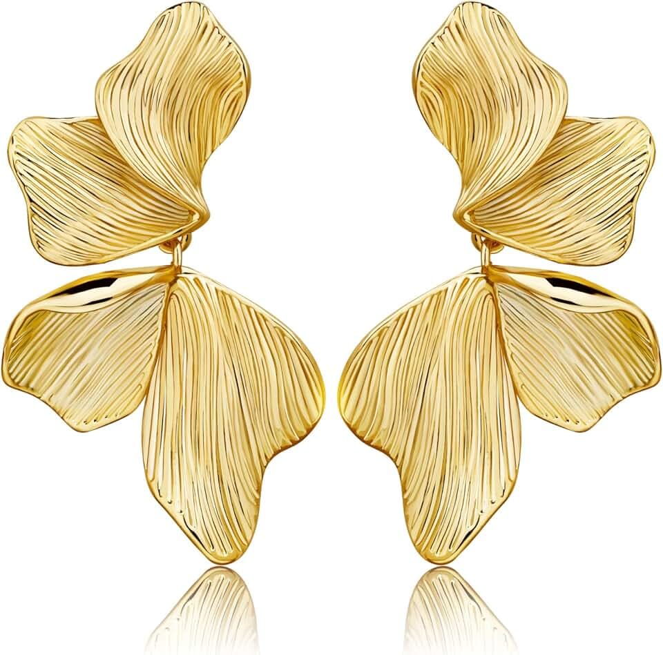 Gold Statement Earrings For Women 18K Gold Plated Sectored Flower Leaf Shell Angel Wing Earring Large Stud Earrings Hypoallergenic Stud