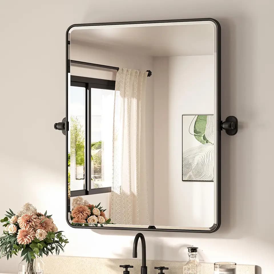 TETOTE Matte Black Pivot Bathroom Mirror 24 x 30 Tilting Beveled Rectangle Metal Framed Tempered Glass Mirror, Farmhouse Adjustable Tilt Rounded Corner Rectangular Vanity Mirror, Horizontal/Vertical