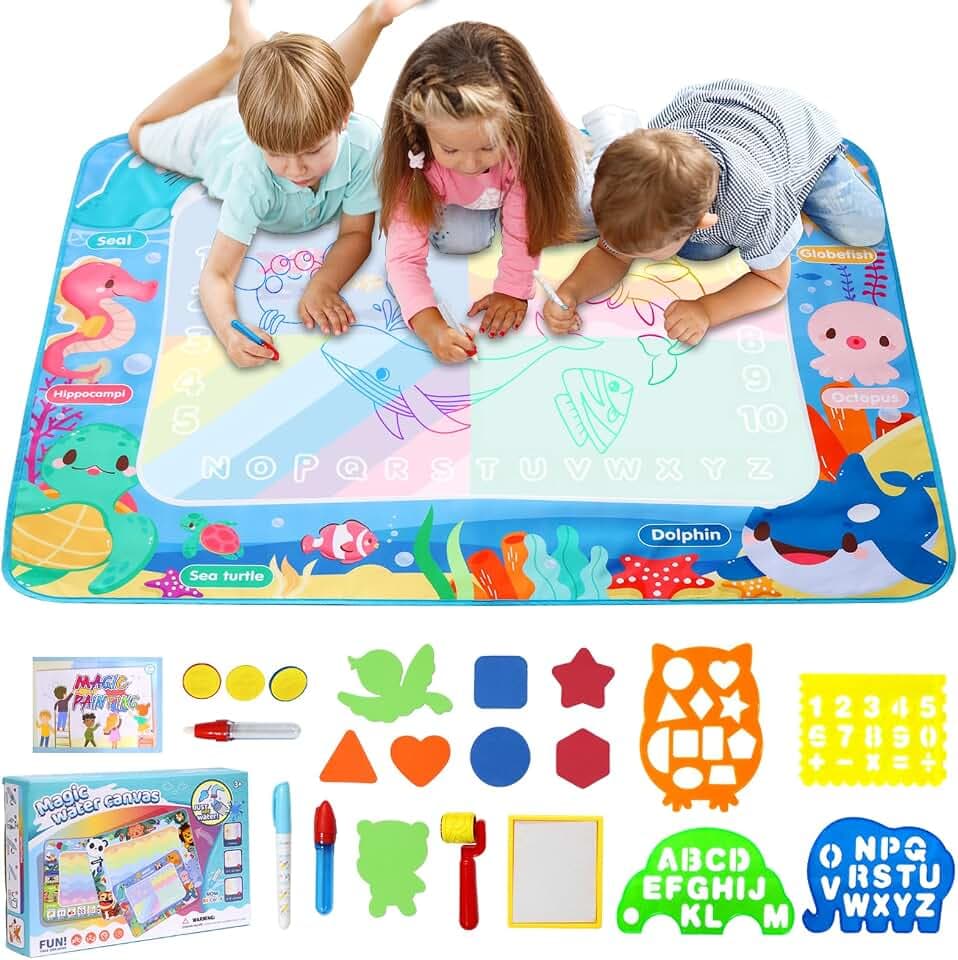 LEcylankEr Wasser Doodle Matte 120x90cm Wassermalmatte (Ozean) | Groß Aqua Doodle, Magic Doodle Malmatte mit Wasserstift für 2-7 Jahre alt Junge Mädchen Kinder Baby Toddler