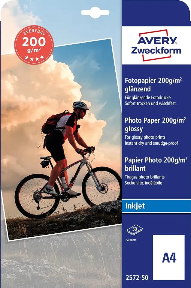 Avery Zweckform Art. 2572-50 Everyday Inkjet Fotopapier (50 Blatt, 200 g/m², DIN A4, glänzende Fotokarten, einseitig beschichtet, sofort trocken & wischfest, Fotoblätter für Inkjet-Drucker) weiß