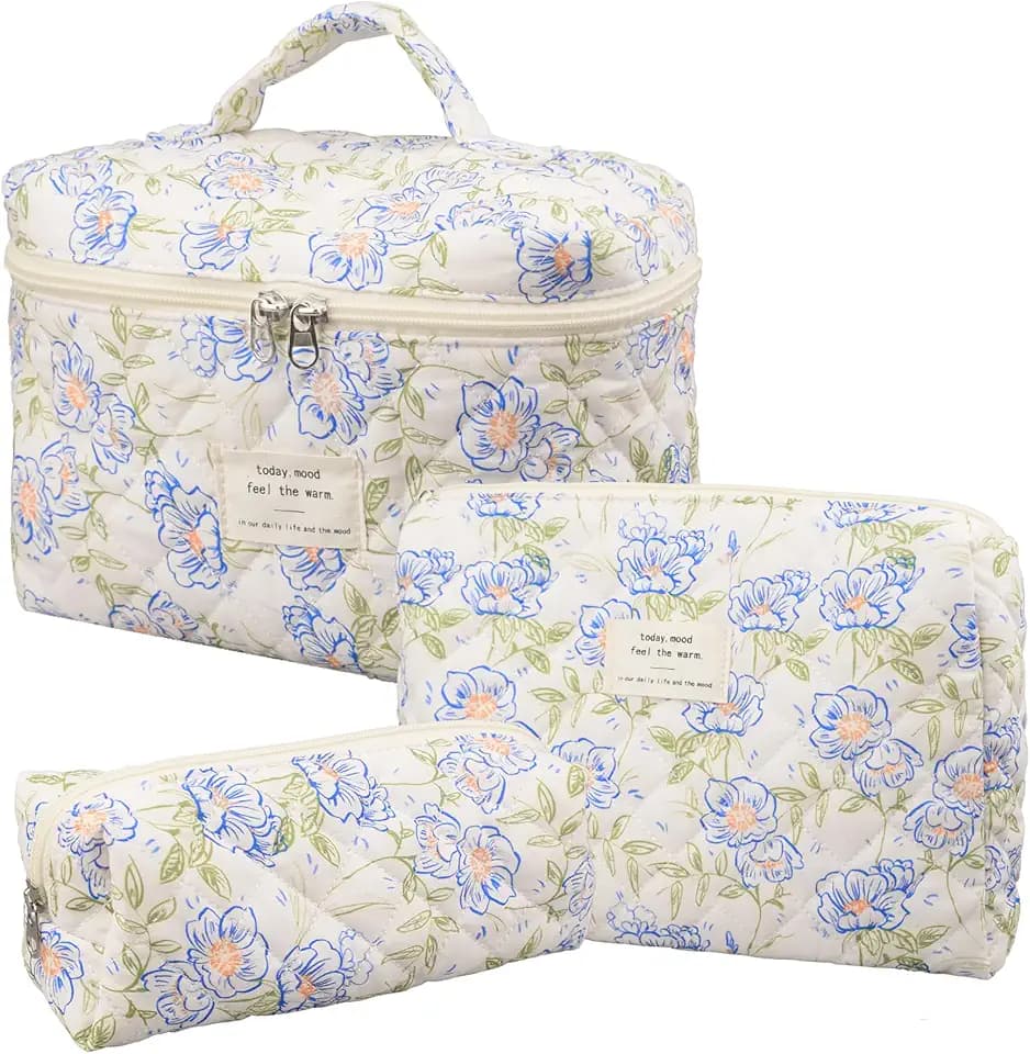 honitty Makeup Bag,Quilted Cosmetic Bags,Large Floral Make Up Organize bag,Makeup Bag Set for Women,Flower Travel Toiletry Bag