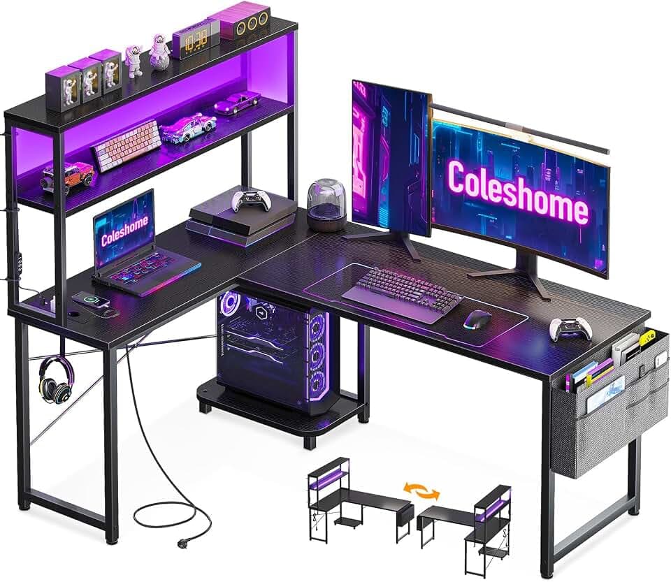 Coleshome Gaming Tisch L Form mit LED & Display Regal, 135×100 cm, Schwarz | Gaming Schreibtisch mit Steckdose & Stofftasche, Eckschreibtisch mit Stauraum, Reversibel, für Wohnzimmer & Gamer