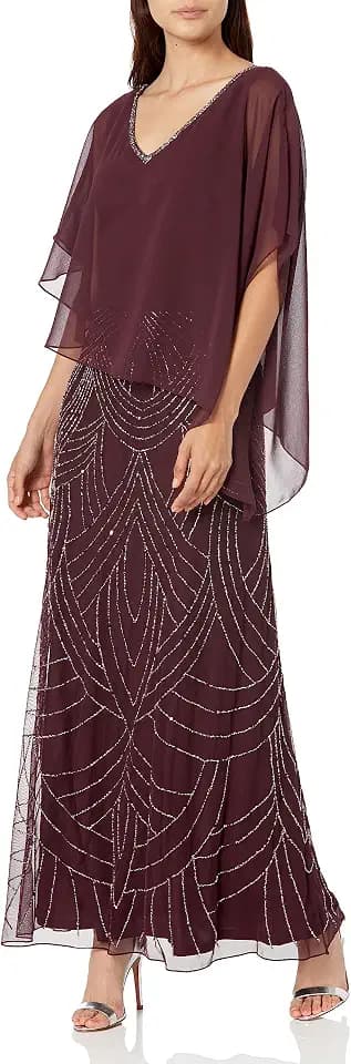 J Kara Women's Caplet V-Neck Mock 2 Piece Beaded Dress
