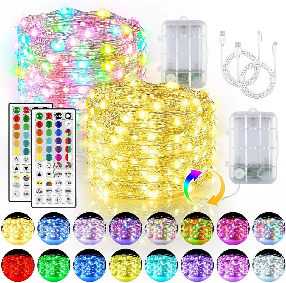 OMIKA 2 Pack 16.5ft 50 LEDs Battery Operated Fairy Lights, 24 Colors +Warm White USB Powered String Lights, with Remote Timer Waterproof Twinkle Lights for Room Garden Indoor Outdoor Decor(150 Modes)