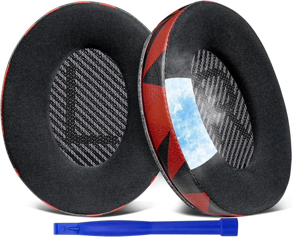 SoloWIT Cooling-Gel Replacement Ear Pads for Bose QuietComfort 35 (QC35) and Quiet Comfort 35 II (QC35 II) Over-Ear Headphones, Earpads Cushions with Ice Silk Fabric - Red Storm