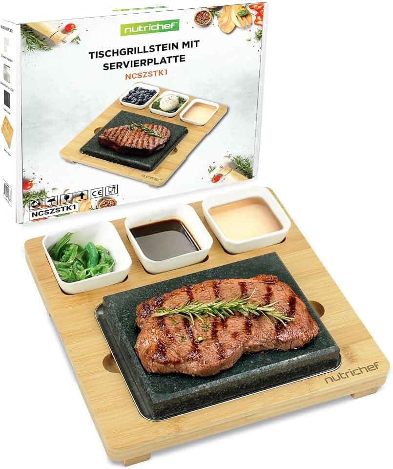 NutriChef Heißer Stein Grillplatte – Tischgrill-Set mit Bambus und Keramik Ideal für Steak und Dinner - Natürliches Granit-Kochset - Servierplatte mit Saucenschälchen