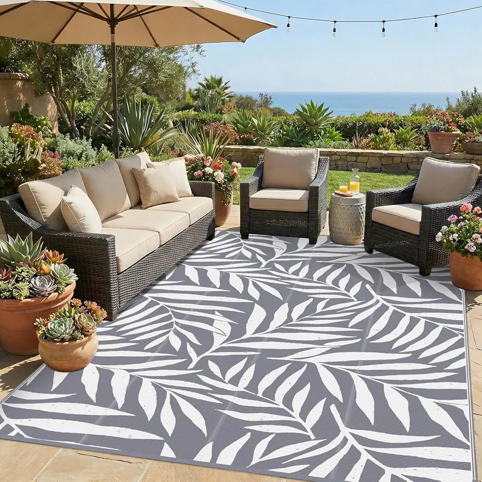 Smiry Outdoor Rug 6x9 ft Waterproof Reversible Leaf Mat, Grey & White