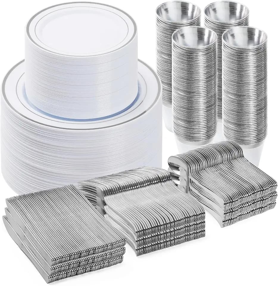BESTVIP 600PCS Silver Dinnerware Set for 100 Guests,