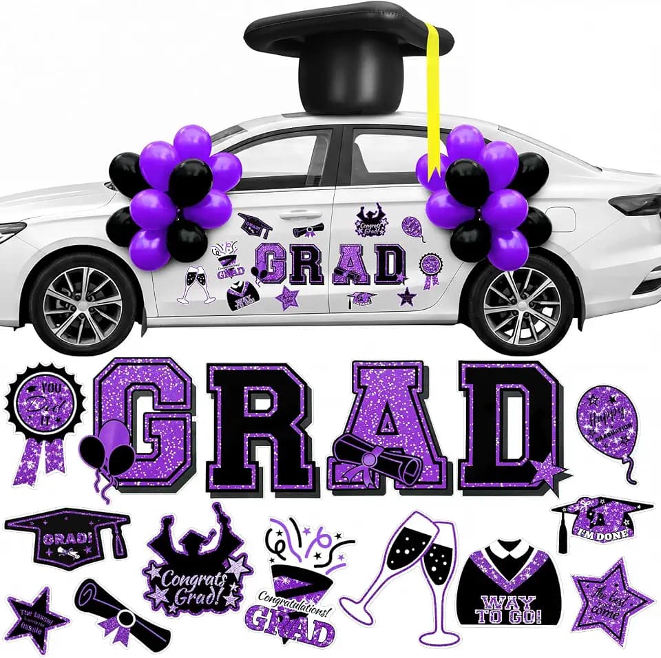 Gemscream 2026 Graduation Car Magnets Decorations 23'' Inflatable Graduation Cap 15 Pcs Congrats Grad Car Magnets Stickers Class of 2026 Decor for Parade, High School College(Purple and Black,Grad)