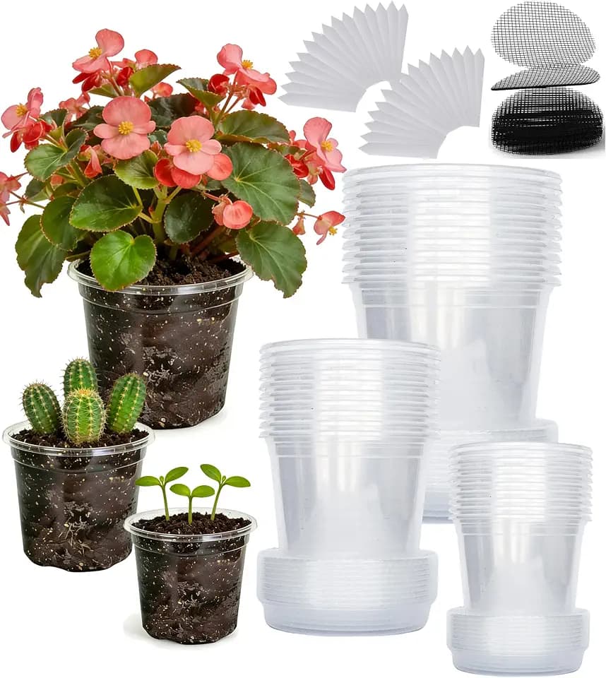 30-Pack Clear Nursery Pots with Saucers (3.5/4/5 Inch) – Transparent Plastic Plant Pots with Drainage Holes and 30 Labels, Assorted Sizes for Seed Starting, Succulents, Indoor and Outdoor Use