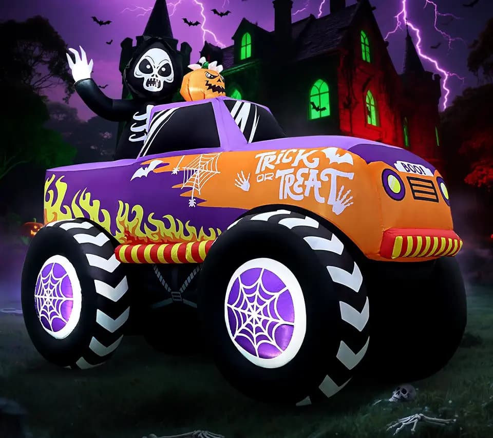 8FT Halloween Inflatables Outdoor Monster Skeleton Truck Built-in 10 LEDs