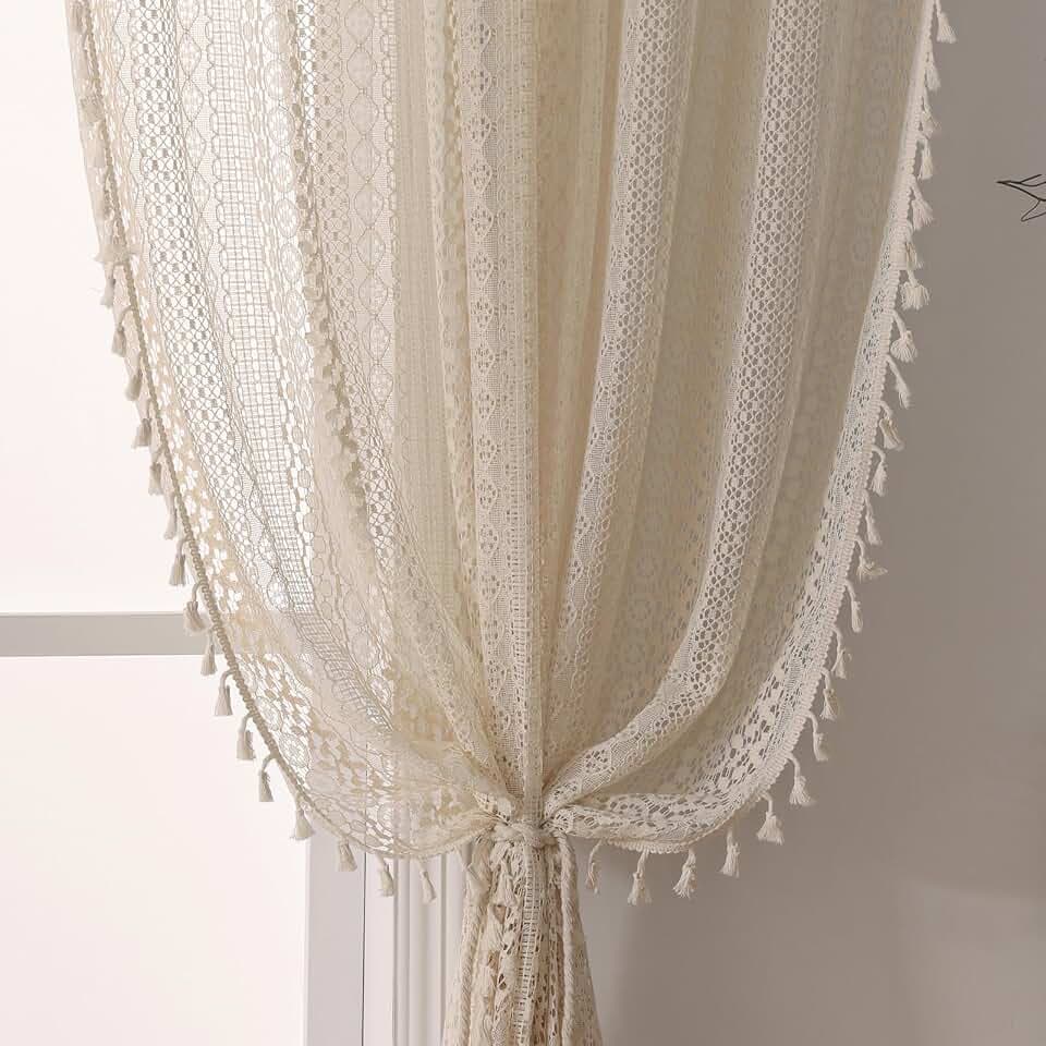 WAZZIO Boho-Quasten-Vorhänge für Wohnzimmer, Vintage-Stil, Stangentasche, Bohemian-Vorhänge, geometrische Streifen, gestrickte Spitze, lichtfilternde Vorhänge, 213,4 cm lang, 2-teiliges Set für