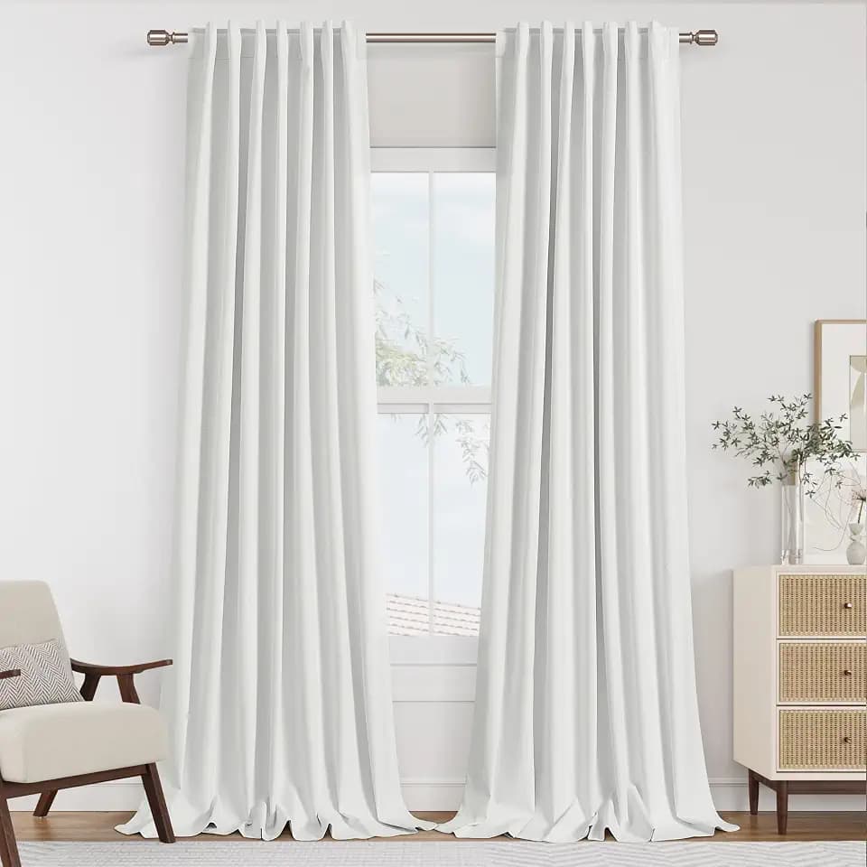 Guken Extra Long 100% Blackout White Linen Curtains 110 Inches for Bedroom