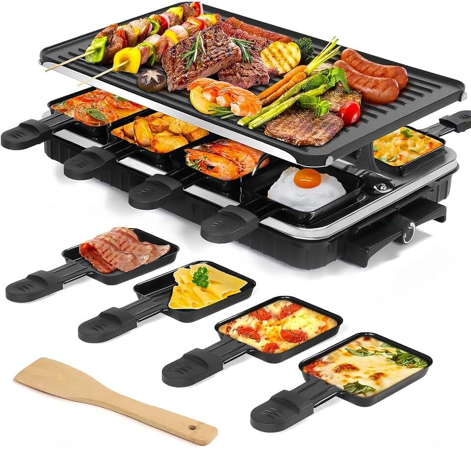 2-in-1 Raclette Grill, Raclette 8 Personen, 1300W Elektrogrill mit 1 Umkehrbarer Antihaft Grillplatte & 8 Mini Käse Raclette Pfännchen & 1 Holzspatel, für Indoor Familienfeiern und BBQ