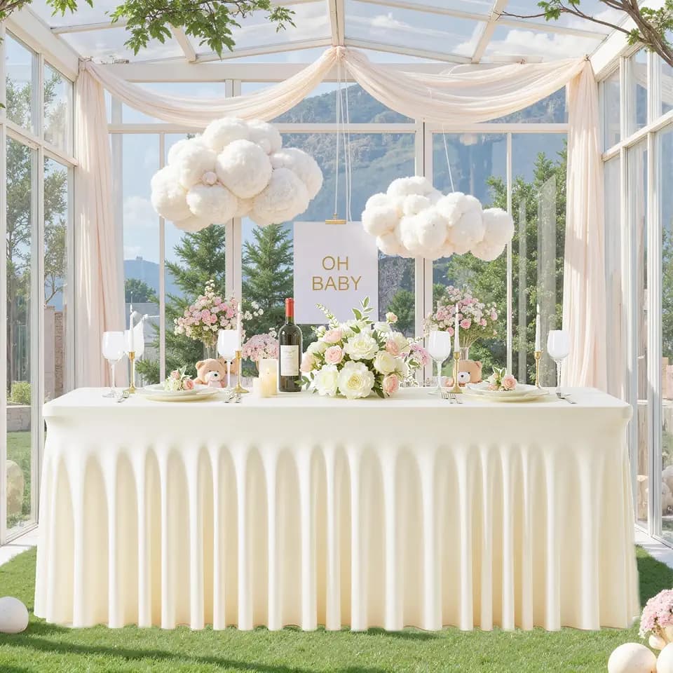 Ivory Spandex Tablecloth 6FT Rectangle Tables Fitted Stretch Spandex Table Cover with Skirt 6ft Baby Shower Birthday Party Banquet Ruffle Cream Tablecloth Wedding Table Cloths