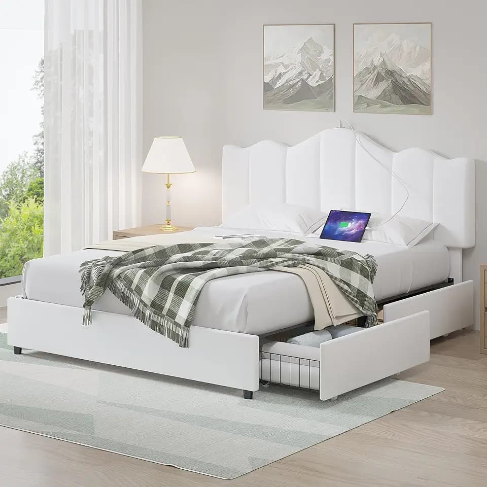 VECELO Queen Size Platform Bed Frame with Type-C & USB Charging Stations/4 Storage Drawers, Upholstered Adjustable Headboard, Strong Wooden Slats Support, No Box Spring Needed, Easy Assembly