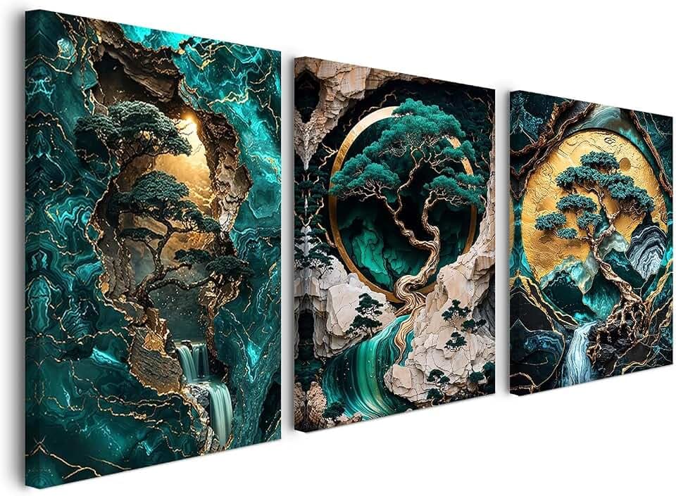 Wandbild Set 30×40 cm 3er Set Grün Gold Landschaft Baum Gerahmte Vintage Leinwandbilder für Wohnzimmer Schlafzimmer Küche Büro mit Haken Nägeln und magischer Klettbefestigung sofort aufhängbar