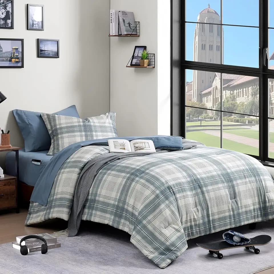 Plaid Twin XL Comforter Set Blue Grey 5 Pieces College Dorm Bed in a Bag