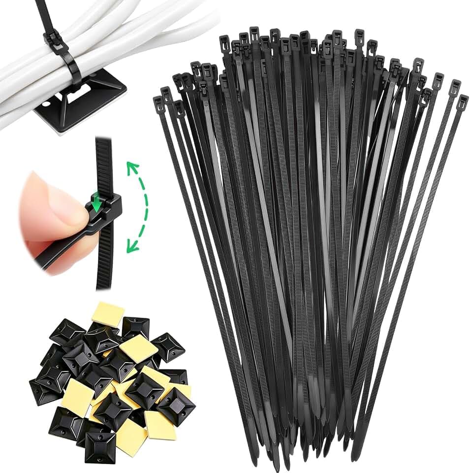 Kabelbinder Wiederverschließbar Cable Ties Schwarz Set 300 x 5mm Kabelbinder Lösbar 50 Klebesockel UV Beständige Cable Ties 100 Stück