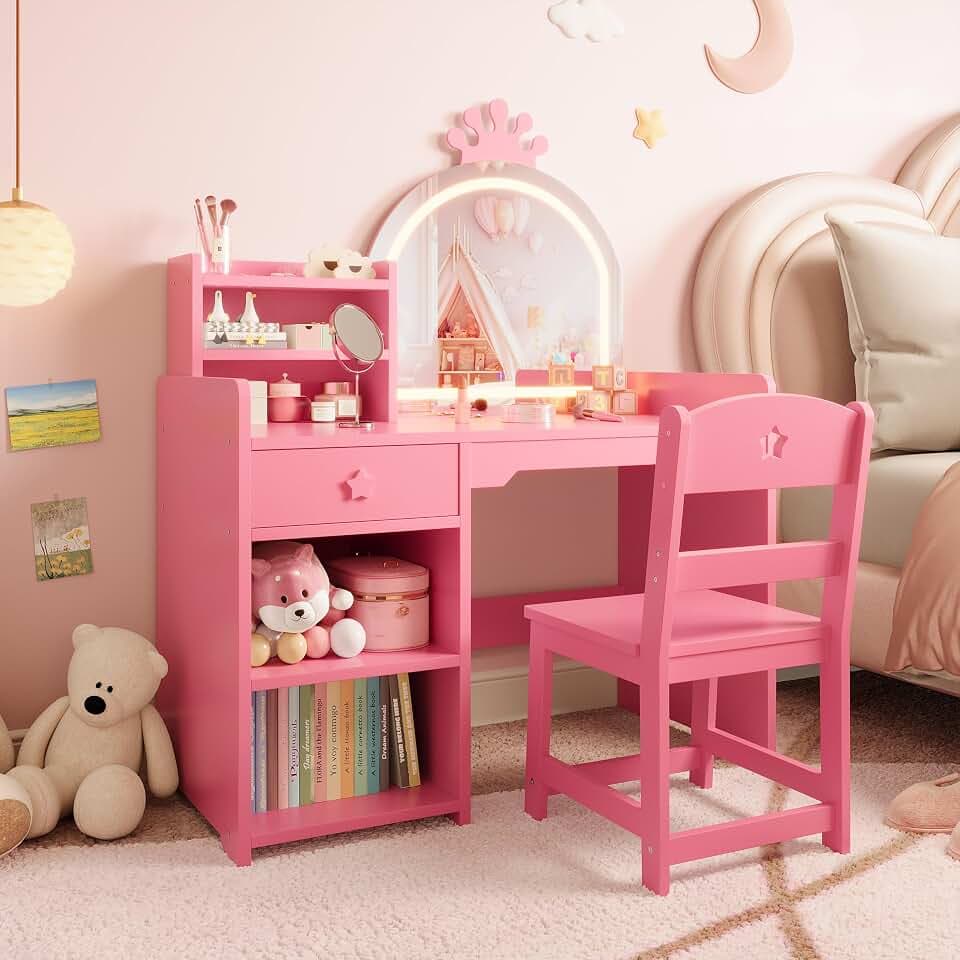 GarveeHome Kids Vanity with Lighted Mirror, 2 in 1 Princess Vanity Set Toddler Vanity Table & Chair Set with Open Bookshelf, Storage Cabinet & Shelves for Little Girls