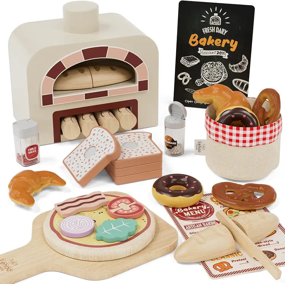 Lehoo Castle Kinderküche Zubehör Holz, Pizza Backset Spielküche 3 Jahre | Holzbackofen Spielzeug-Lebensmittelset mit Croissant, Donut, Brezeln, Schnittbrot, Rollenspiel Geschenke Mädchen Jungen