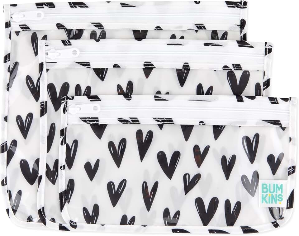 Bumkins Travel Bag, Toiletry, TSA Approved Pouch, Zip Bag, Quart Size Airline Compliant, Clear-Sided, Baby, Diaper Bag Organization, Makeup, Accessories, Packing, Set of 3 Sizes, Black Hearts