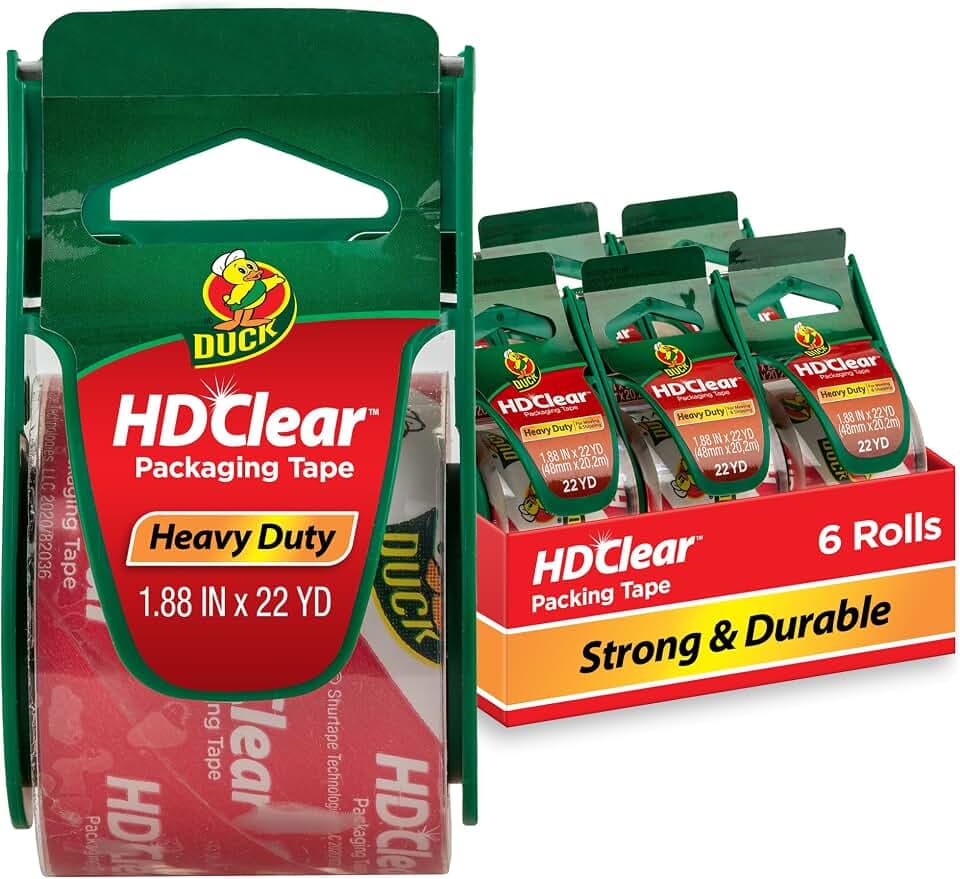 Duck HD Clear Heavy Duty Packing Tape with Handheld Dispensers, 6 Rolls