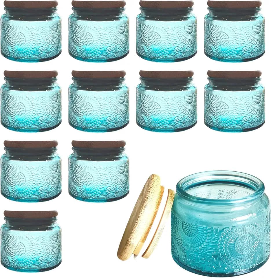 4 oz Decorative Small Glass Jars with Airtight Bamboo Lids, Blue 12 Pack