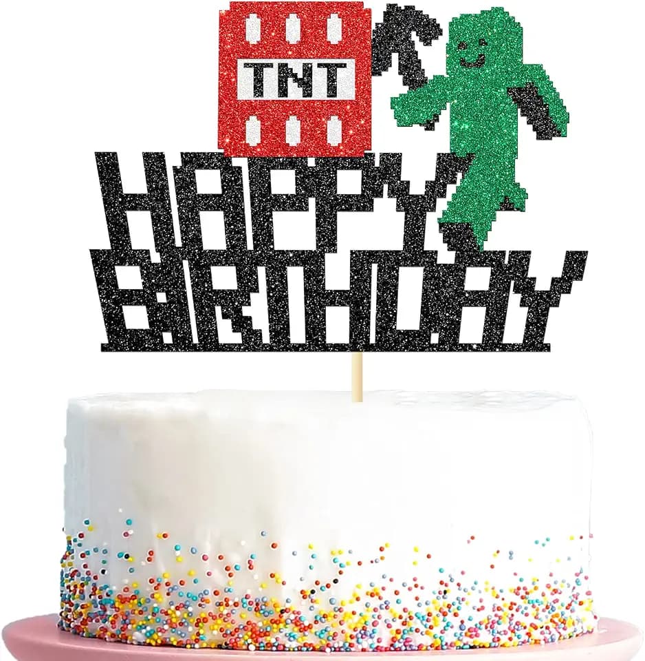 Happy Birthday Cake Topper Pixel Style Cake Decoration Block Video Game Themed Cake Topper for Boy and Girl Black Glitter