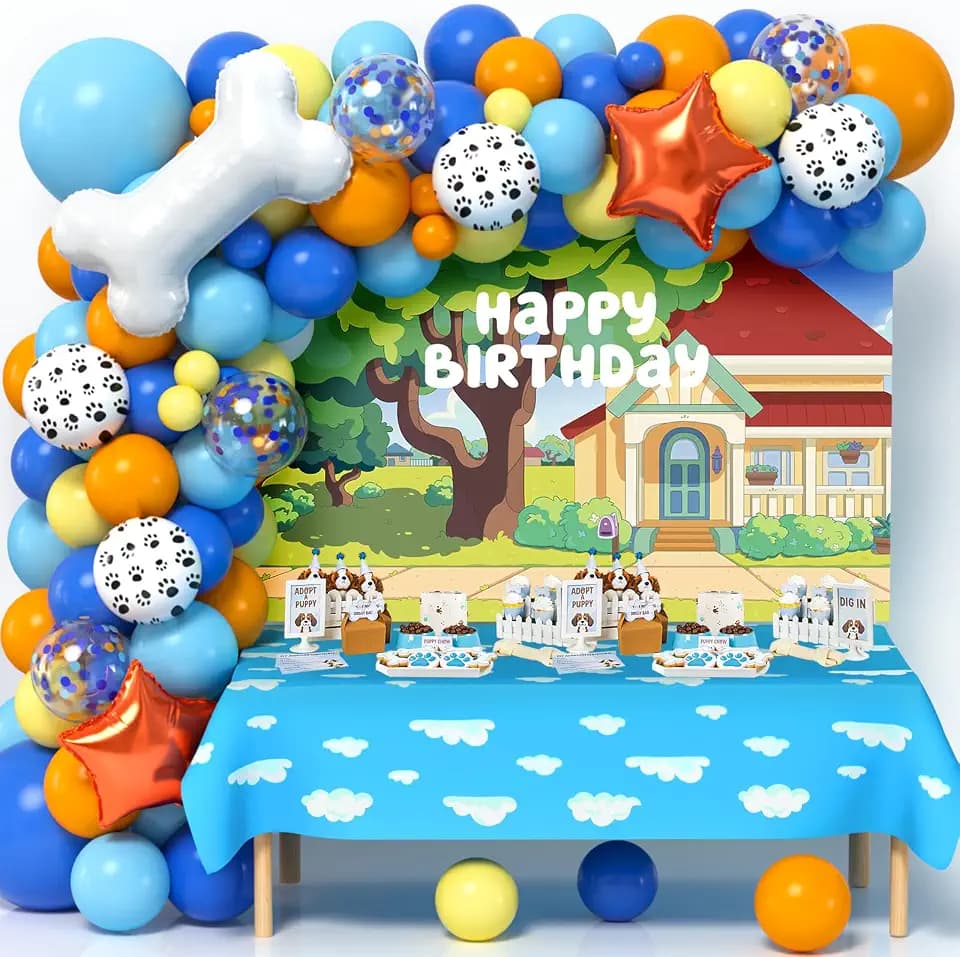 118 Dog Blue Party Decorations Birthday Supplies Paw Balloons Garland Arch Kit Backdrop Tablecloth Bone Balloon for Boys Girls Kids Theme Birthday Decor
