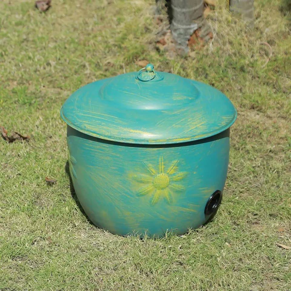 Metal Garden Hose Holder Storage Pot with Lid,Hose Pot for Outside