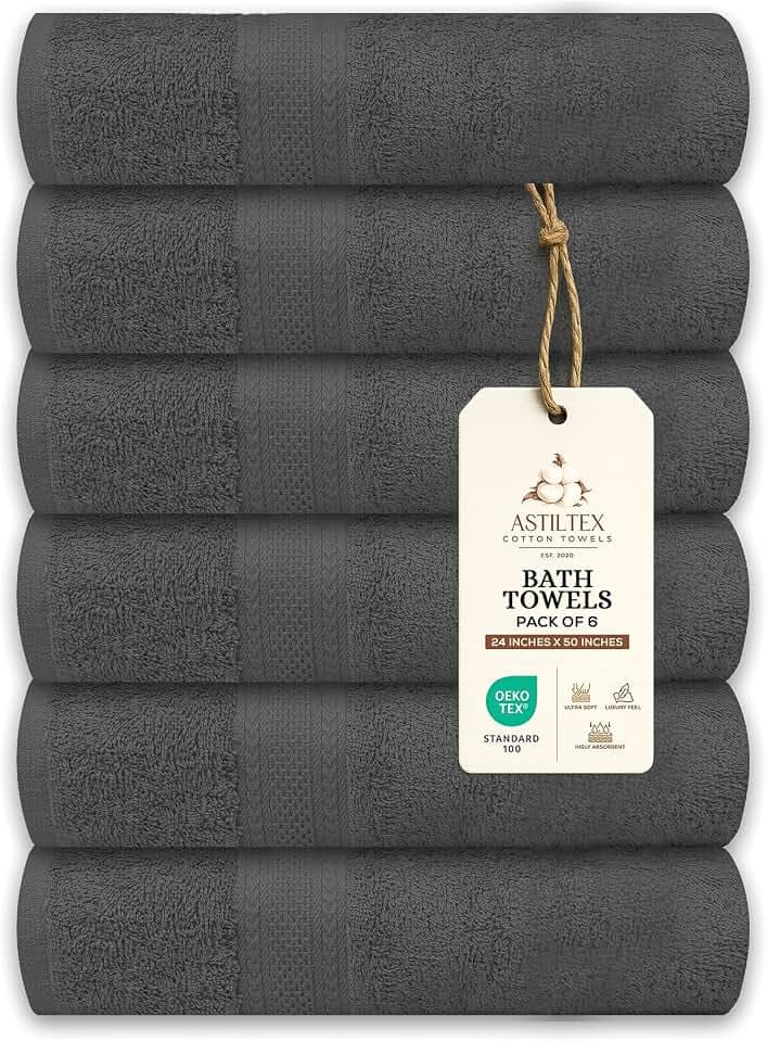Bath Towels Pack of 6 – 24" x 50" – 100% Cotton Terry, Soft, Quick-Dry & Highly Absorbent – Charcoal Grey Towels for Bathroom, Spa, Gym, Hotel, Pool & Everyday Use