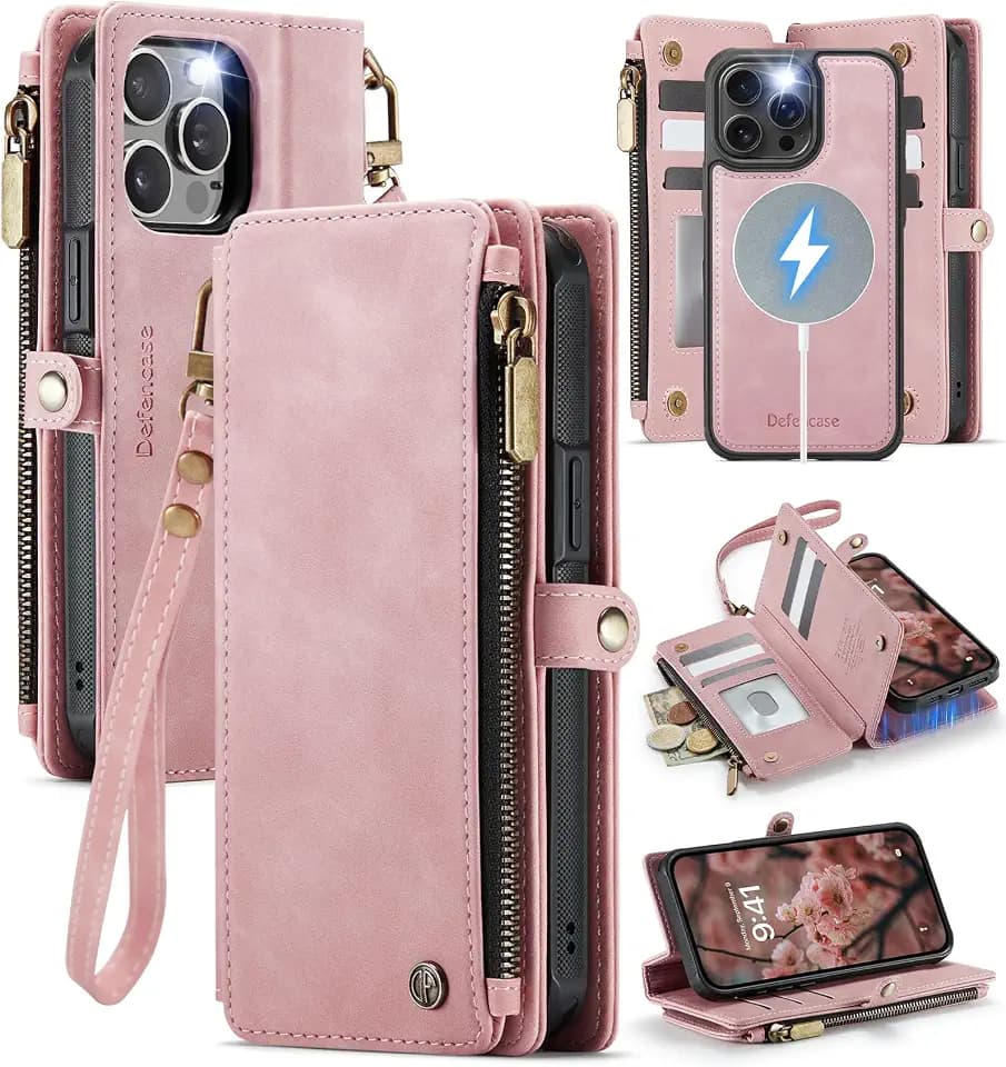 Defencase for iPhone 13 Pro Max Case Wallet Compatible with Magsafe, Pink
