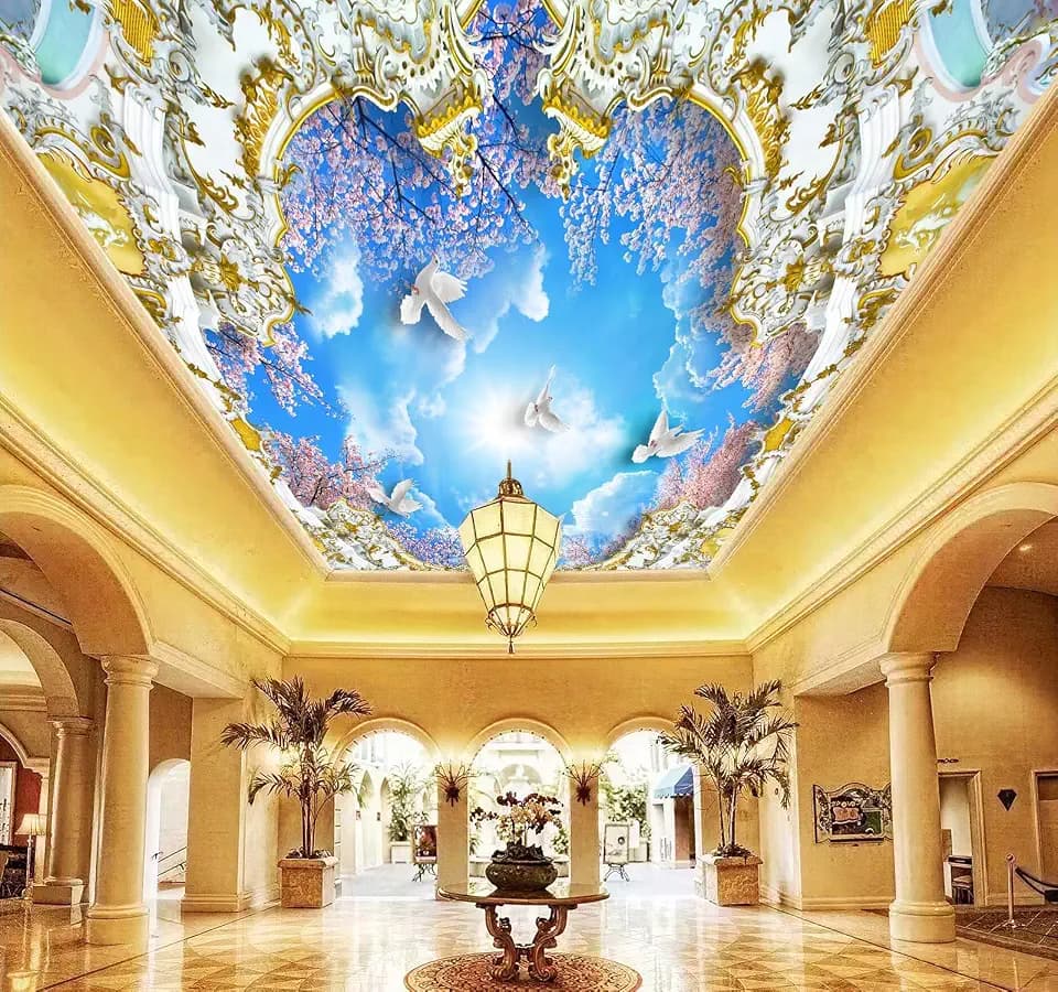 3D Blue Sky Cherry Blossom Dove Ceiling Wallpaper Peel and Stick