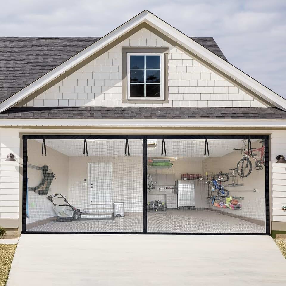 Garage Door Screen 16 x 7 Ft for 2-Car Garage, Magnetic Closure for Hands-Free Entry, Heavy Duty Fiberglass Mesh, Durable Weighted Bottom, Hook & Loop Fastening for Easy Installation