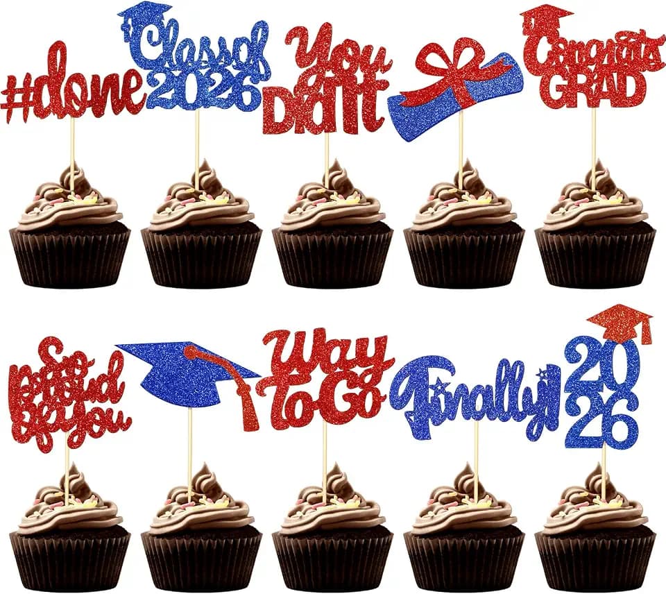 FoldTier Graduation Decorations 2026 100 Pcs Graduation Cupcake Toppers Congrats Grad Class of 2026 Cupcake Picks Toppers Diploma Supplies for Party Decorations(Red, Blue)