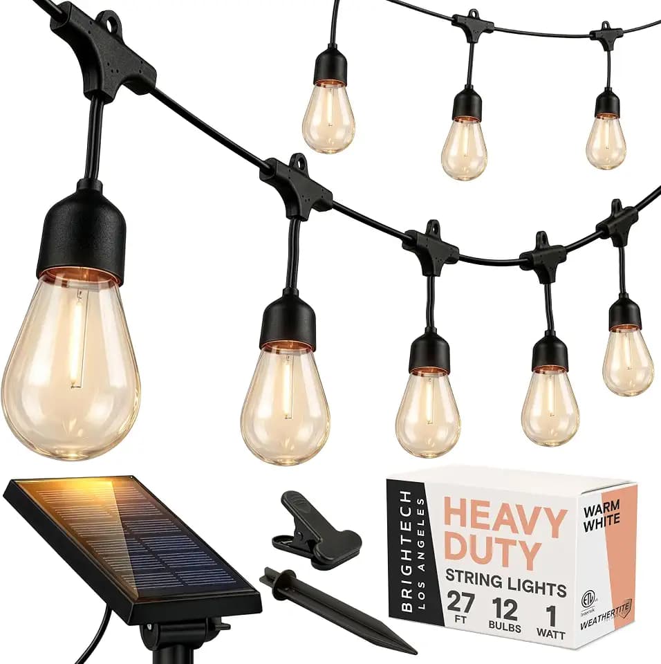 Brightech Ambience Pro 27 Ft Solar Powered Outdoor String Lights - Commercial Grade Waterproof Patio Lights with Edison Bulbs, Shatterproof LED String Lights for Patio - 1W, Warm White, 12 Bulbs