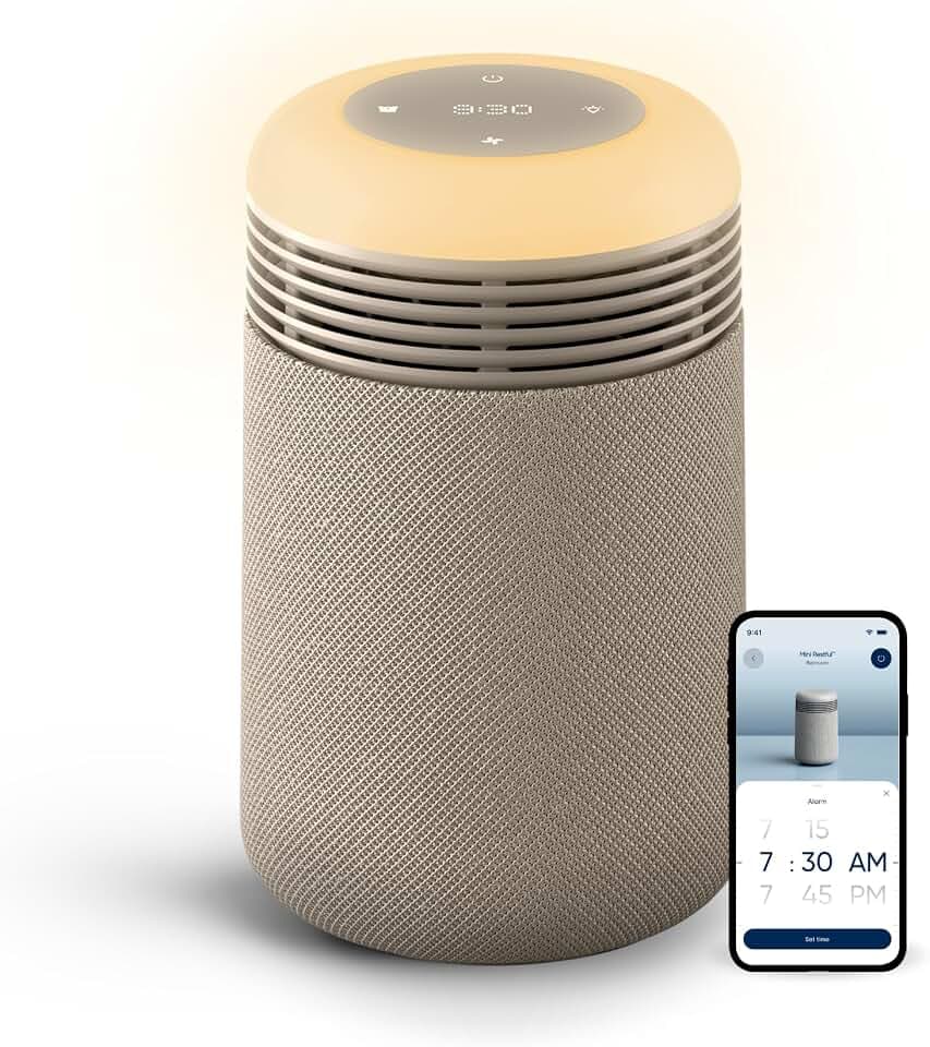BLUEAIR Mini Restful Luftreiniger fürs Schlafzimmer, mit HEPASilent™ Filter, Sonnenaufgangs-Wecklicht, leise, App- & USB-C-Steuerung, entfernt Staub, Pollen, Tierhaare & Gerüche, Beige
