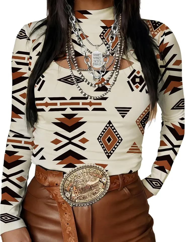 Urchics Womens Long Sleeve Shirts Western T-Shirt Slim Fit Hollow Out High Neck Y2k Tops Tee