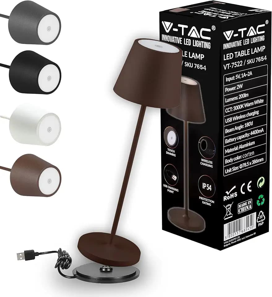 V-TAC Dimmbare LED Tischlampe Kabellos mit Touch-Bedienung - Wiederaufladbar Braun Lampe für den Innen und Draußen - Außenbereich IP54 - Hause Restaurant - 4400-mAh-Akku - Warmweiß 3000K